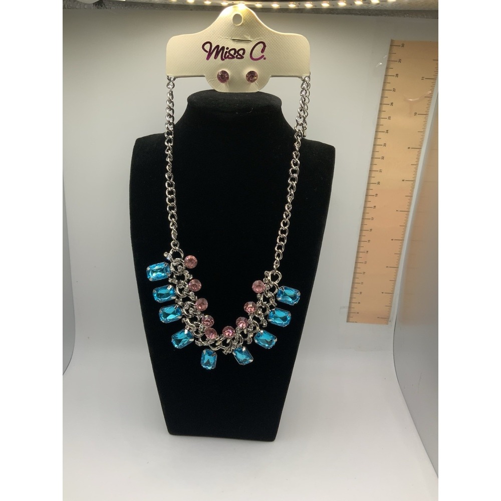 Miss C. Silver Tone Necklace With Pink, Clear & Blue Accents With Earrings 16"+